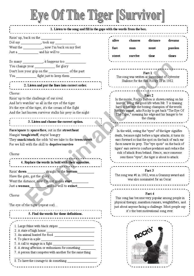 Song Eye Of The Tiger Survivor Printer Friendly Version Included Esl Worksheet By Songlessons